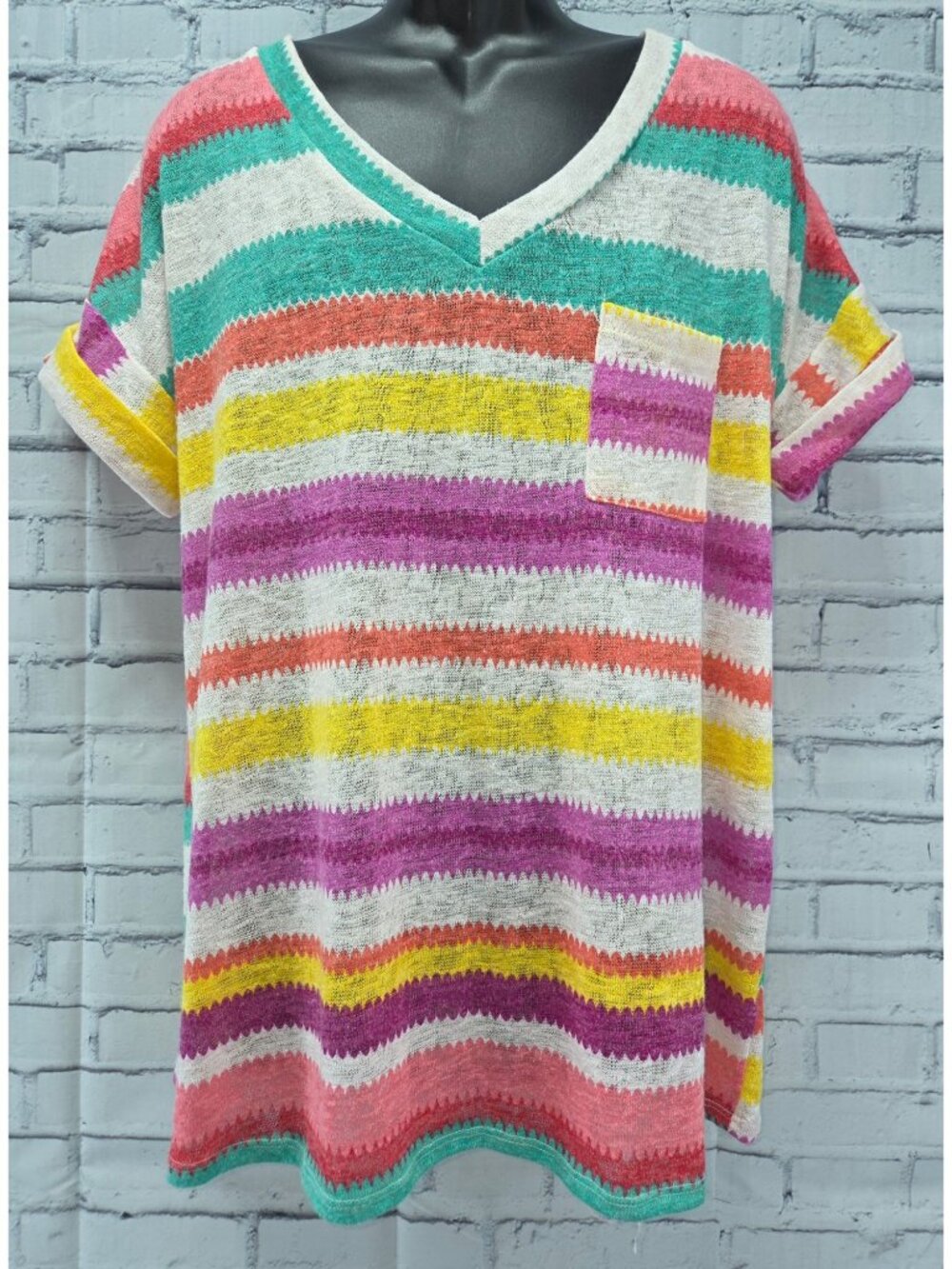 Colorful Striped V-Neck Knit Top Medium Pocket - Flamingo Urban - Lightweight